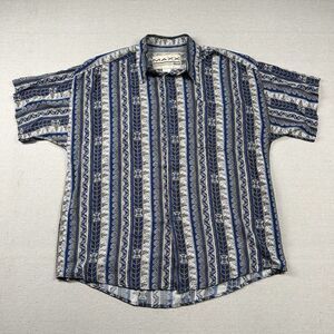 Vintage Maxx FM‎ Shirt Mens L Rayon Camp Geometric 90s Rave Aloha Hawaiian